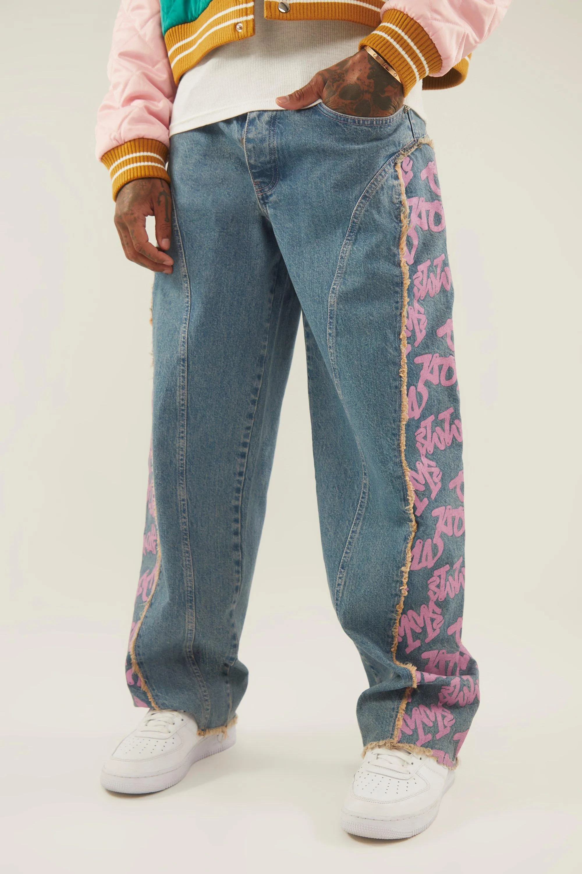 Baggy Fit Gusset Detail Distressed Jeans