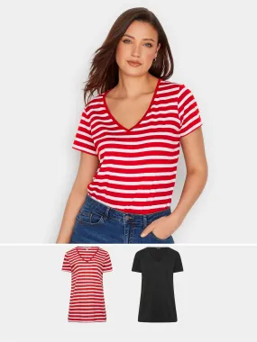 Long Tall Sally Red & Black 100% Cotton Stripe Short Sleeve T-Shirts 2 Pack