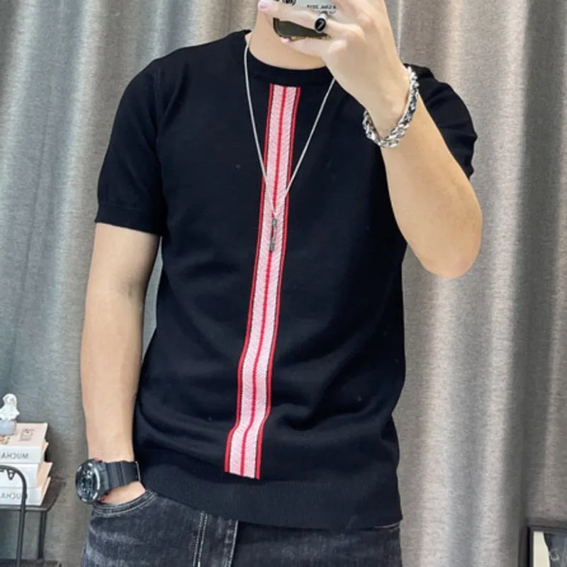 Men's Summer Streetwear O Neck Patchwork Striped Knitted Slim T-Shirts
