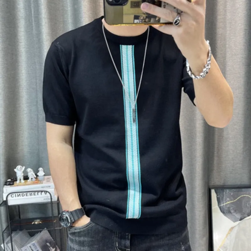 Men's Summer Streetwear O Neck Patchwork Striped Knitted Slim T-Shirts