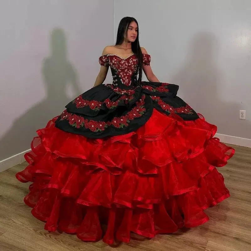 Red Off the Shoulder Quinceanera Dresses with Appliques