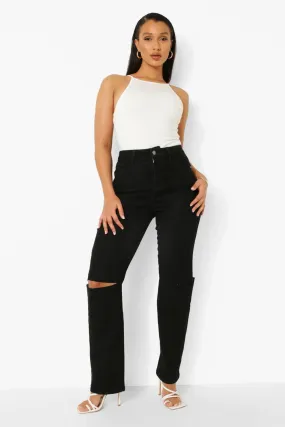Slashed Knee High Waisted Straight Fit Jeans