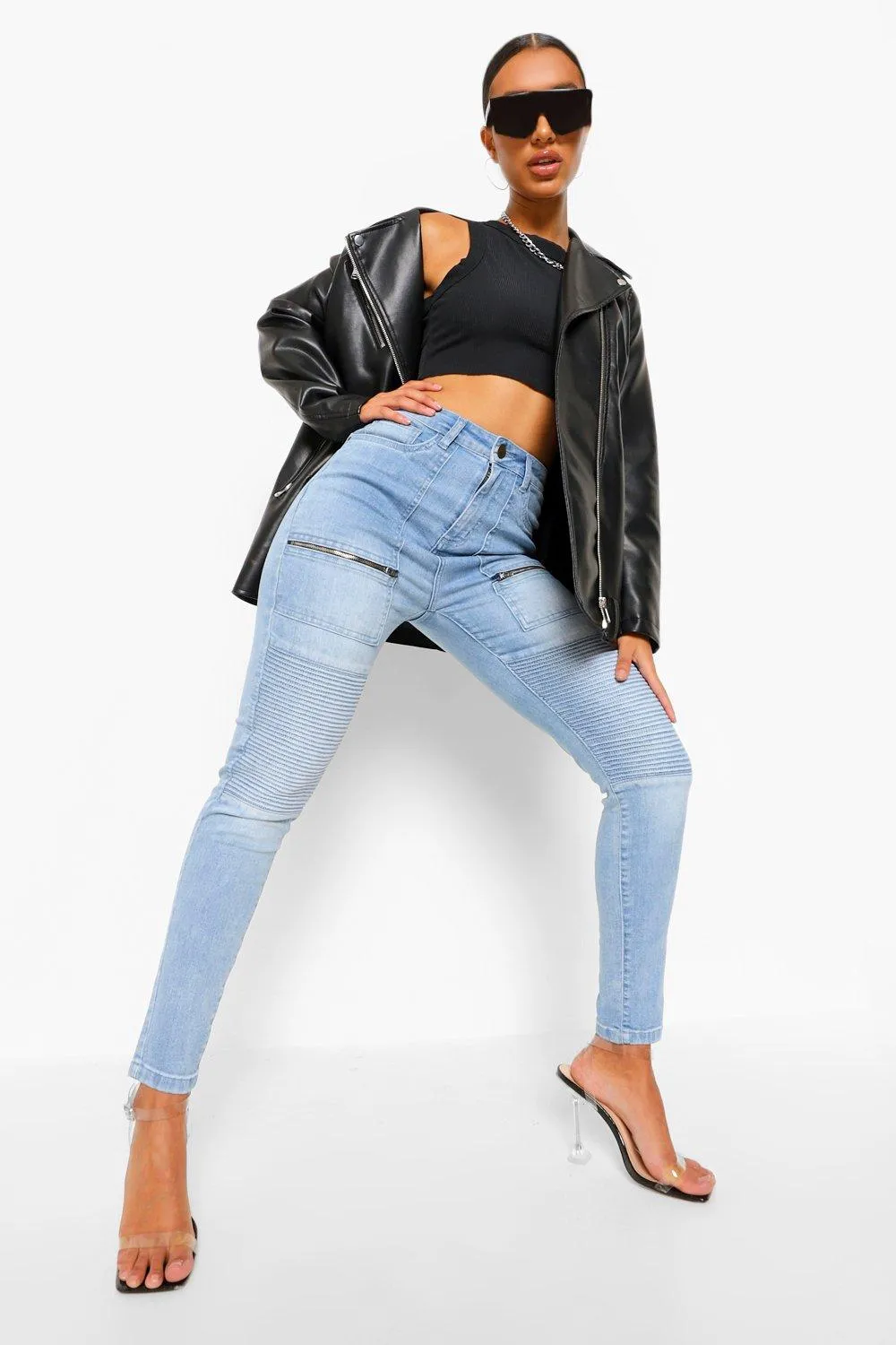 Washed Denim Zip Biker Jeans