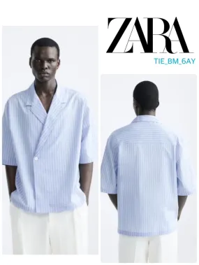 ZARA  |Stripes Cotton Short Sleeves Shirts